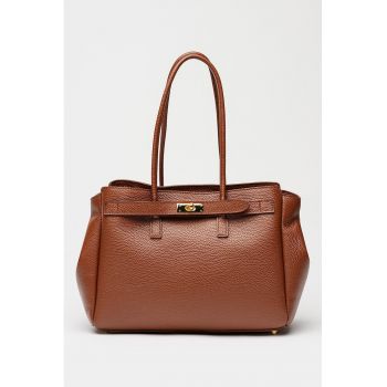Geanta din piele cu bareta de umar si picioruse metalice - Maro cognac