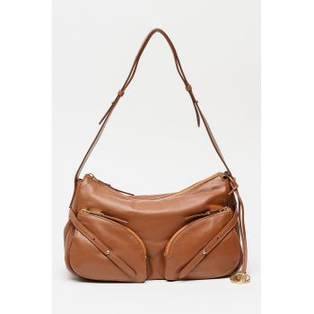 Geanta din piele cu buzunare cu fermoar Alison - Maro cognac