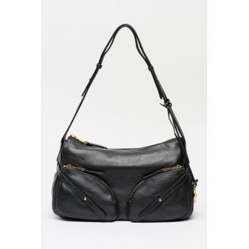 Geanta din piele cu buzunare cu fermoar Alison - Negru