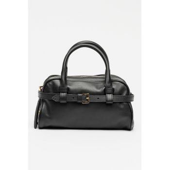Geanta din piele cu maner si bareta aditionala Sandra - Negru