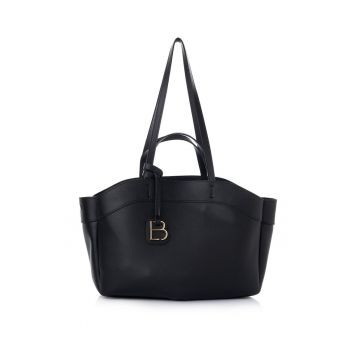 Geanta din piele ecologica cu accesoriu logo detasabil - Negru - 22x42x19