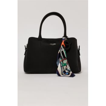 Geanta neagra cu esarfa decorativa multicolora