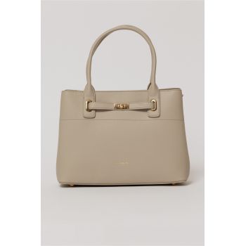 Geanta office gri deschis cu detalii aurii