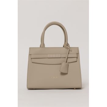 Geanta office gri deschis din piele ecologica cu aplicatie metalica