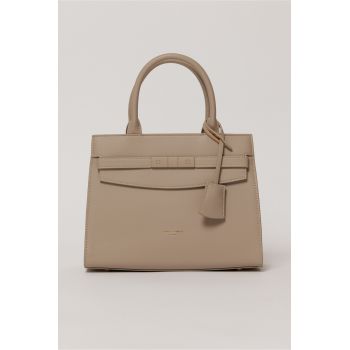 Geanta office gri inchis din piele ecologica cu aplicatie metalica