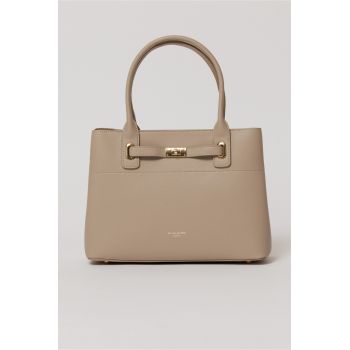 Geanta office taupe cu detalii aurii