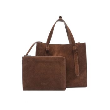 Set de geanta de piele nabuc cu maner si etui - Maro inchis