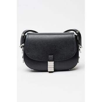 Geanta crossbody de piele cu clapa si detalii metalice - Negru