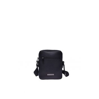 Geanta crossbody de piele cu logo metalic discret si model uni - Negru