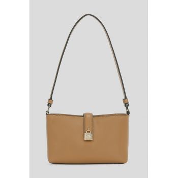 Geanta de piele cu bareta de umar si lacatel cu logo stantat - Maro camel