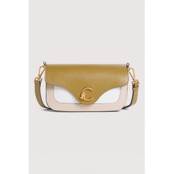 Geanta de piele cu clapa C-Me - Alb/Verde masliniu/Maro nisip