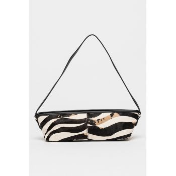 Geanta de piele cu par scurt - cu bareta de umar Savaii - Maro inchis/Maro deschis/Alb murdar