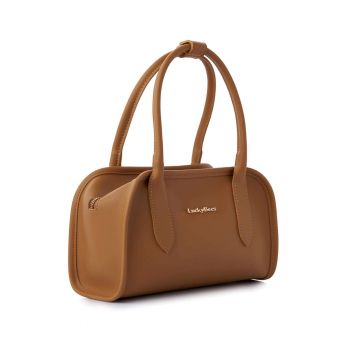 Geanta de piele ecologica cu bareta de umar si logo metalic discret - Maro deschis