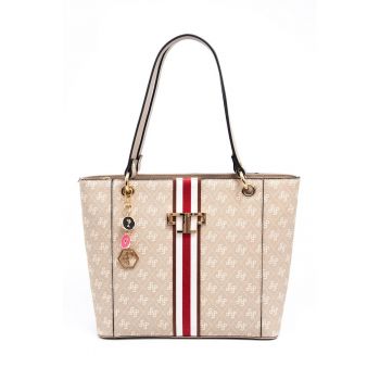 Geanta de piele ecologica cu bareta de umar si model monograma - Rosu - Alb - Crem - 26x31x12