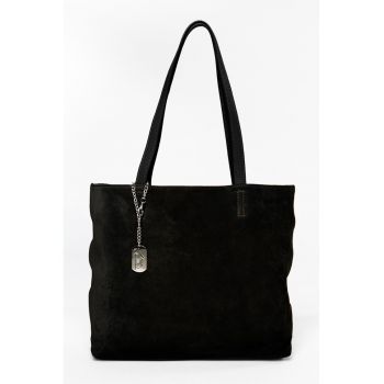 Geanta de piele intoarsa cu bareta de umar - Negru