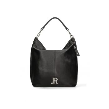 Geanta din piele cu bareta de umar Oriana Plus - Negru/Argintiu