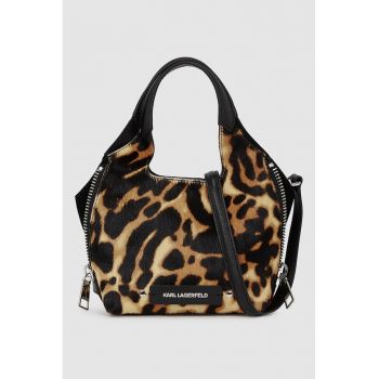 Geanta din piele cu bareta de umar si animal print - Negru/Maro camel
