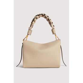 Geanta din piele cu bareta de umar si aspect impletit Boheme Grana - Bej