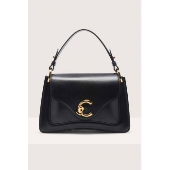 Geanta din piele cu maner si bareta aditionala C-Me - Negru lucios