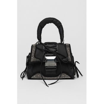 Geanta din piele ecologica cu bareta de umar si logo Diego - Negru/Argintiu