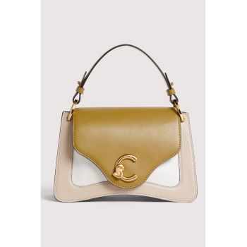 Geanta mica de piele cu maner si doua compartimente C-ME - Alb/Verde masliniu/Maro nisip