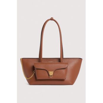 Geanta tote trapezoidala de piele Double Beat - Maro cognac