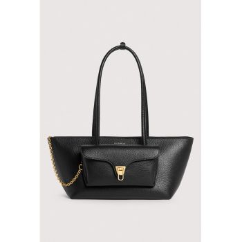 Geanta tote trapezoidala de piele Double Beat - Negru