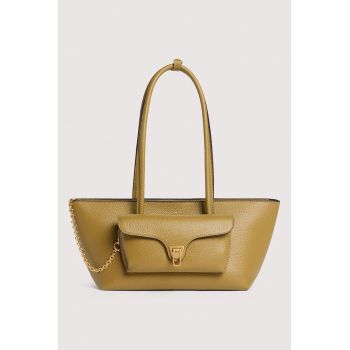 Geanta tote trapezoidala de piele Double Beat - Verde masliniu