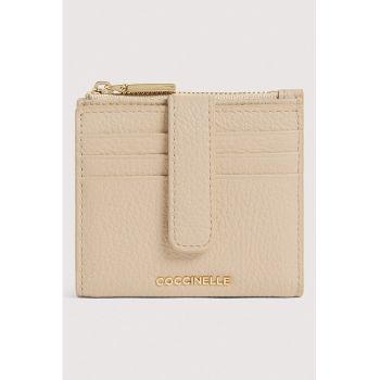 Portcart din piele cu logo - Maro nisip