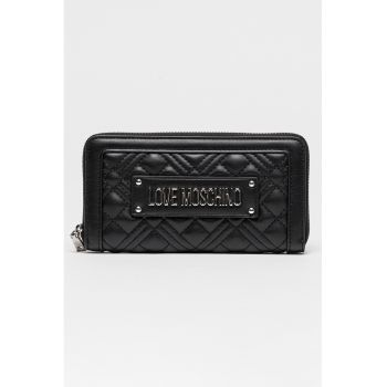 Portofel de piele ecologica cu fermoar si logo metalic - Negru