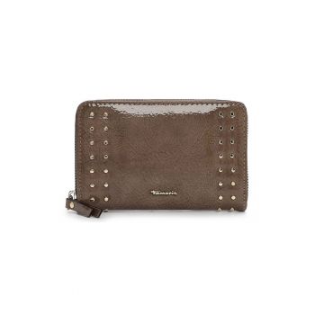 Portofel din piele ecologica cu aplicatii metalice decorative si fermoar