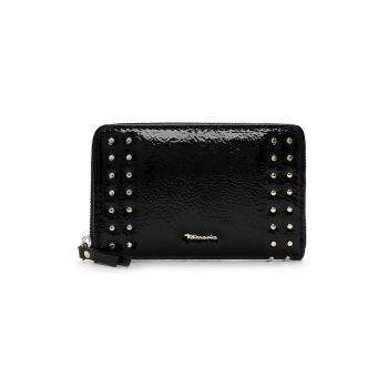 Portofel din piele ecologica cu aplicatii metalice decorative si fermoar