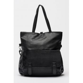 Rucsac cu aspect granulat si buzunar cu clapa - Negru