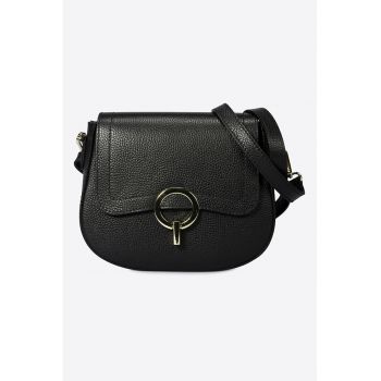 Geanta crossbody din piele cu clapa - Negru