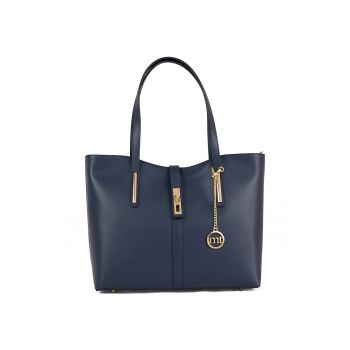 Geanta de piele cu bareta de umar si accesoriu logo metalic Como - Auriu/Bleumarin