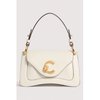 Geanta de piele cu bareta detasabila de umar C-Me - Alb fildes