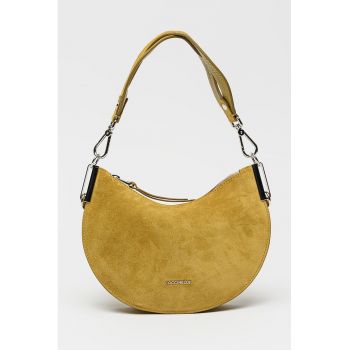 Geanta de piele intoarsa cu bareta de umar si logo Sunup - Verde masliniu