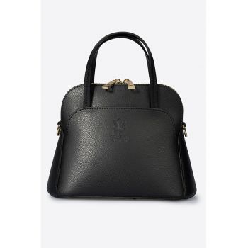 Geanta din piele cu bareta de umar si buzunar frontal - Negru