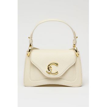 Geanta din piele cu bareta detasabila de umar C-Me - Alb murdar