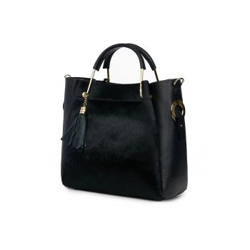 Geantă din piele cu păr de ponei -  Fabiana - negru - 32x32x15cm - design elegant