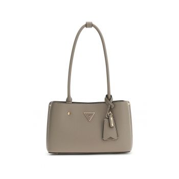 Geanta din piele ecologica cu bareta de umar si aplicatie logo Meridian - Grej