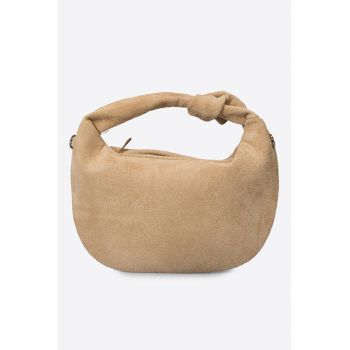 Geanta din piele intoarsa cu bareta de umar detasabila - Bej deschis