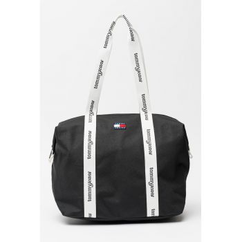 Geanta tote de piele cu fermoar si maner cu logo - Negru