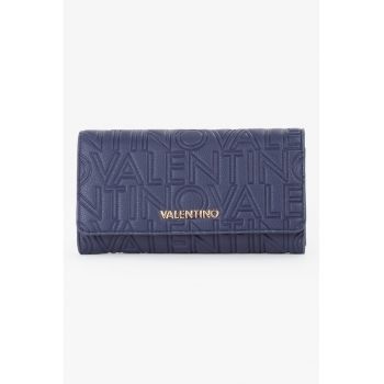 Portofel de piele ecologica cu clapa si model monograma Pansy - Bleumarin