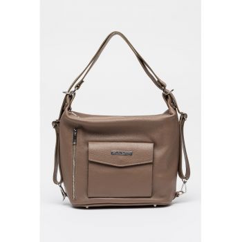 Geanta de piele cu bareta de umar si buzunar frontal cu clapa - Maro taupe