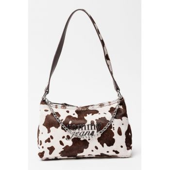 Geanta de piele ecologica cu piele cu par scurt Cool Cow - Alb/Maro inchis