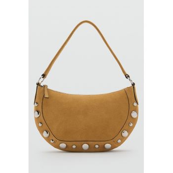 Geanta de piele intoarsa cu bareta de umar si aplicatii metalice - Maro camel