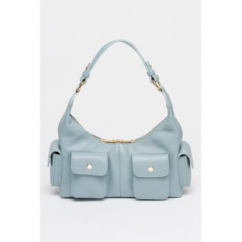 Geanta din piele cu bareta de umar si buzunare cu clapa - Albastru lavanda