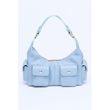 Geanta din piele cu bareta de umar si buzunare cu clapa - Albastru lavanda