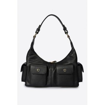 Geanta din piele cu bareta de umar si buzunare cu clapa - Negru